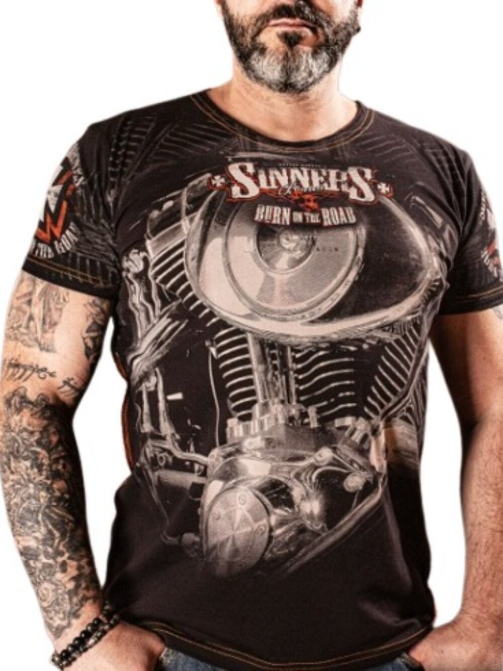 Sinners Mens Burn on the Road Bike and Bones Logo Graphic T-Shirt Black L New